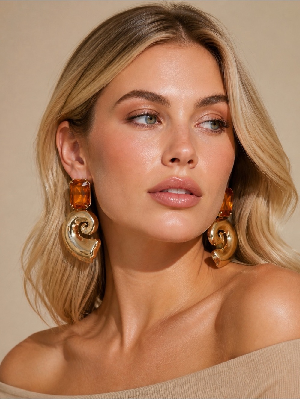 Gold-Tone Swirl Drop Earrings with Amber Stones - Women Jewelry